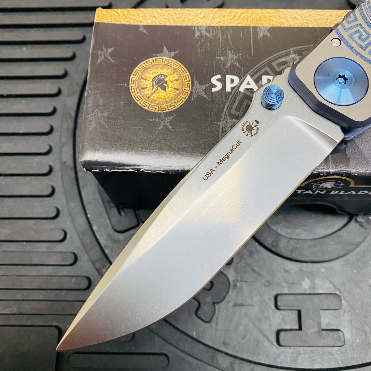 Spartan Blades Harsey Folder - BLUE Shield with Blue Stone, Magnacut Blade, Blue ANO Hardware Knife