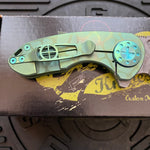 Curtiss Custom Knives F3 Compact Frame Lock, 2.5" Spanto Magnacut Blasted Blade FLIPPER, Green Pattern Handles, Knife