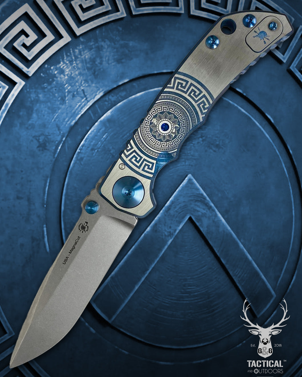 Spartan Blades Harsey Folder - BLUE Shield with Blue Stone, Magnacut Blade, Blue ANO Hardware Knife