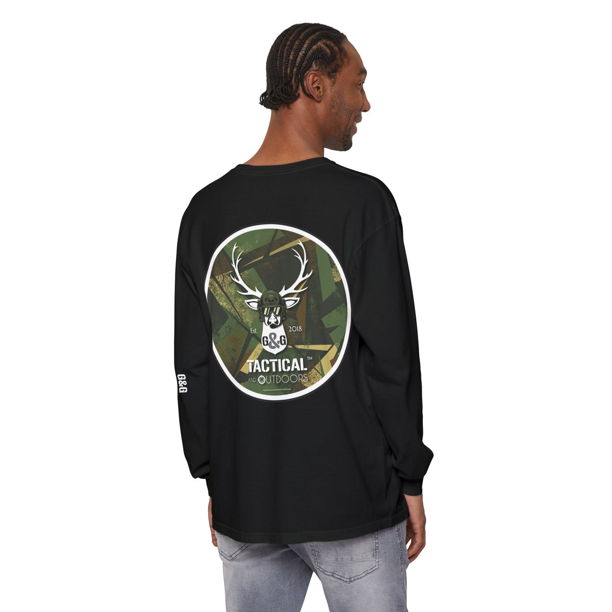 G&G Tactical Outdoors Long Sleeve Tee — Green Camoflauge White Sleeve Graphic
