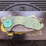 Curtiss Custom Knives F3 Compact Frame Lock, 2.5" Spanto Magnacut Blasted Blade FLIPPER, Green Pattern Handles, Knife