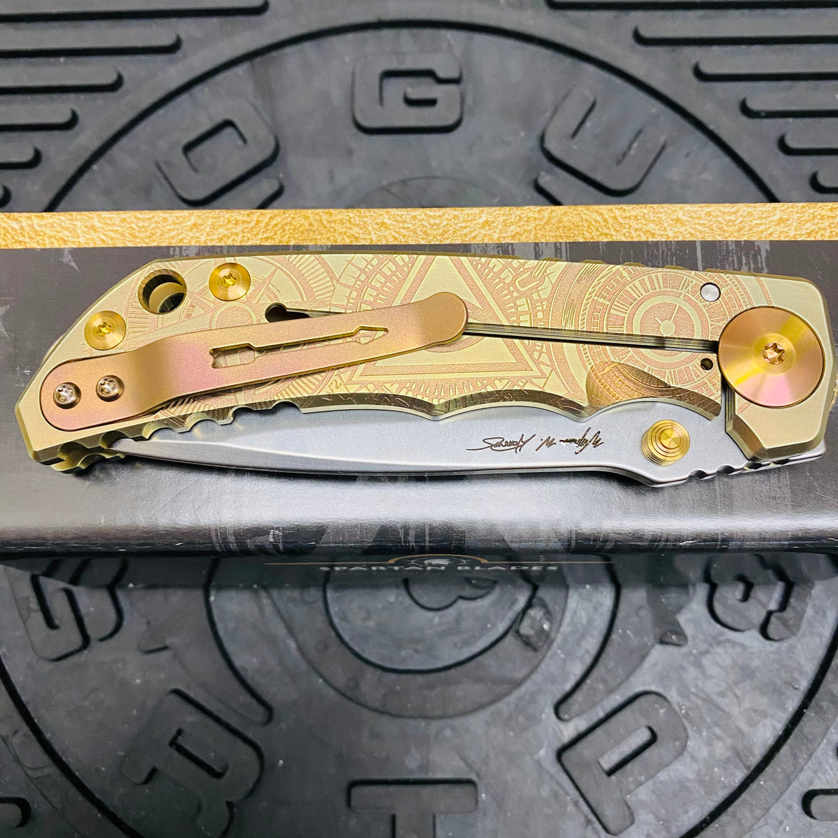 Spartan Blades Harsey Folder - Orange Oculus Theme, Satin Magnacut Blade, Satin Hardware Knife
