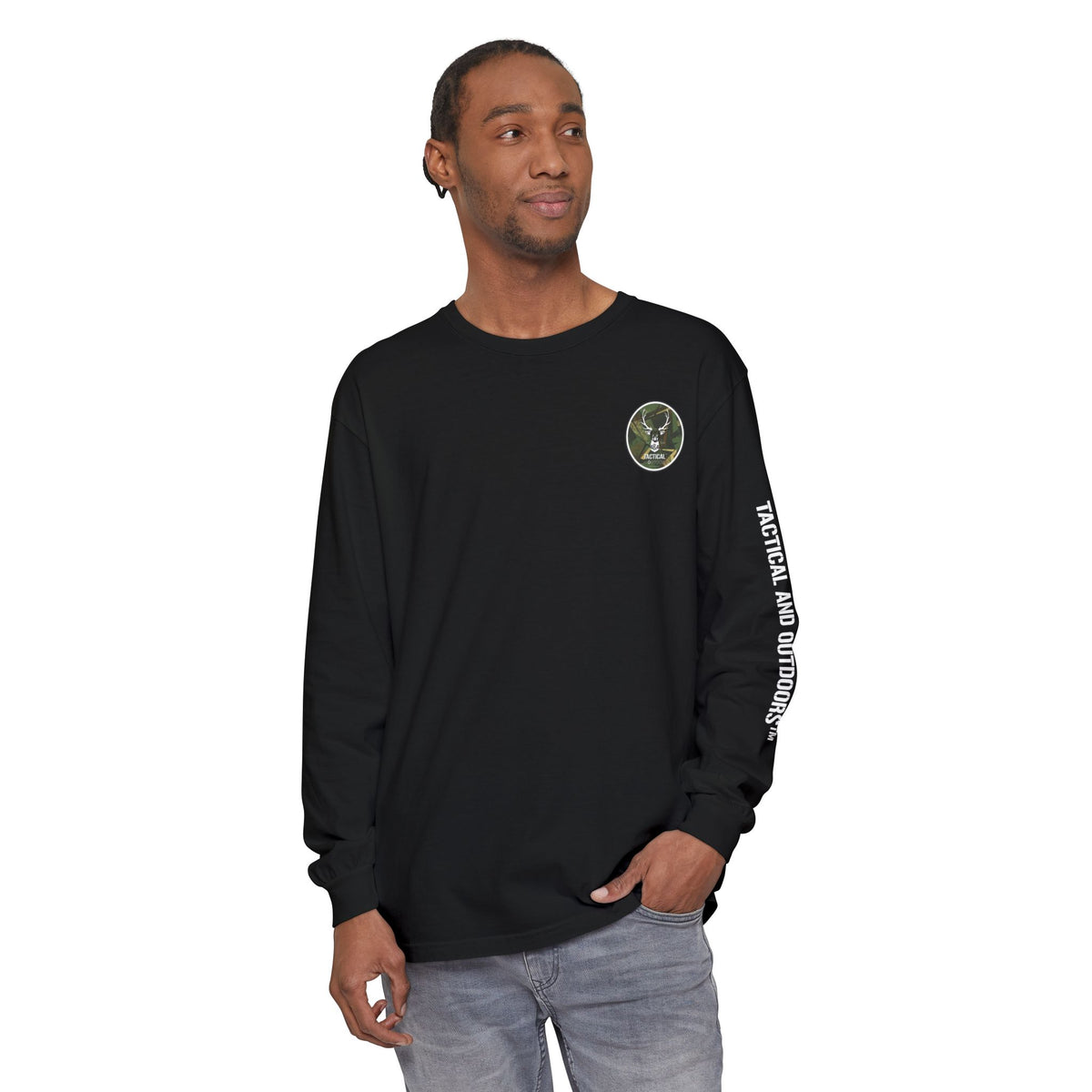 G&G Tactical Outdoors Long Sleeve Tee — Green Camoflauge White Sleeve Graphic