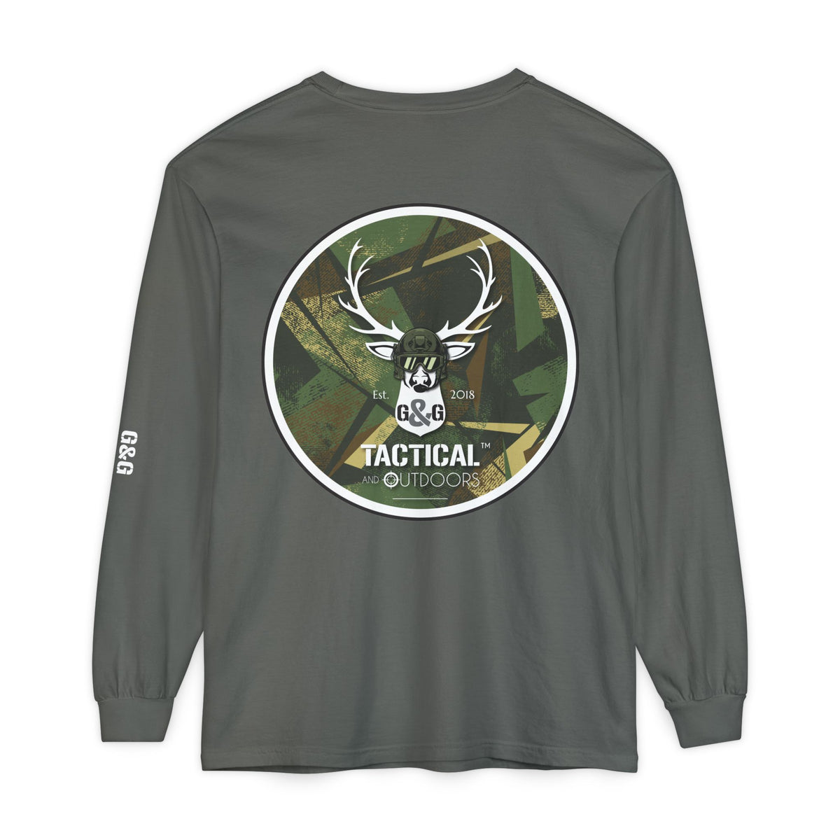 G&G Tactical Outdoors Long Sleeve Tee — Green Camoflauge White Sleeve Graphic