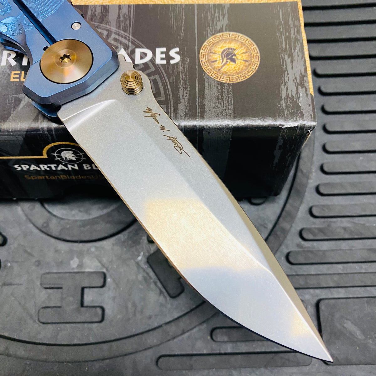 Spartan Blades Harsey Folder - BLUE Mayan with Blue Stones, Magnacut Blade, Bronze ANO Hardware Knife