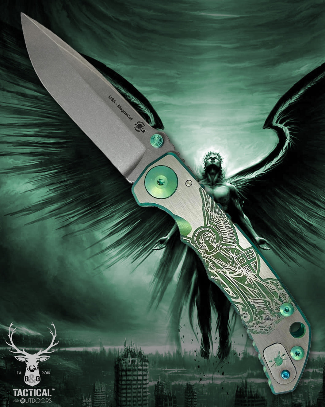 Spartan Blades Harsey Folder - GREEN Saint Michael, Magnacut Blade, Green ANO Hardware Knife