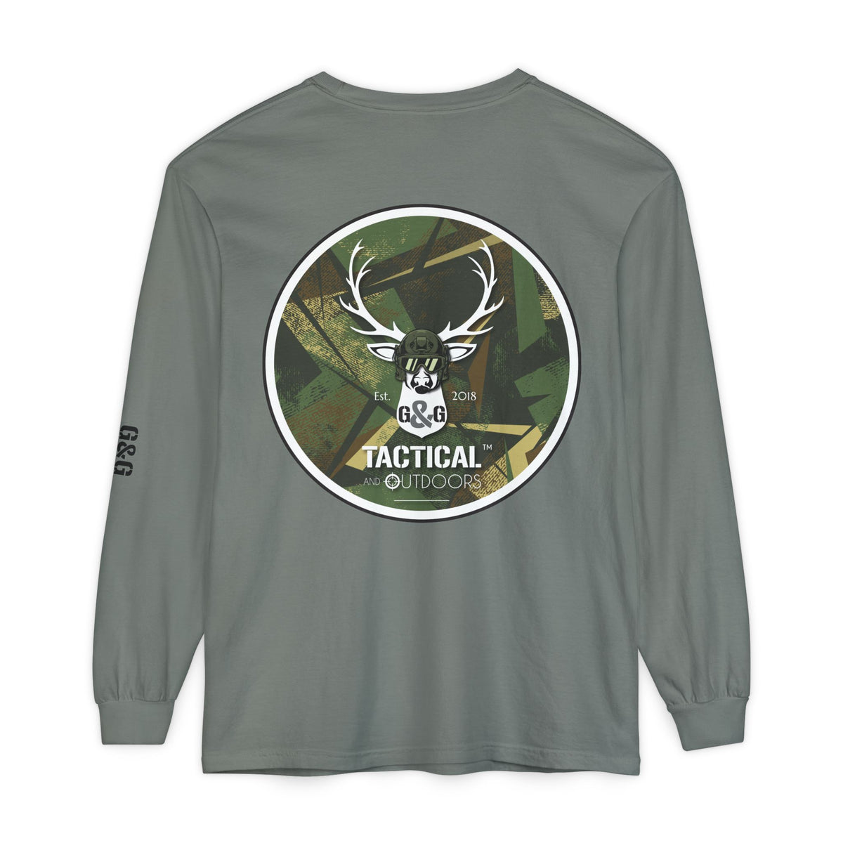 G&G Tactical Outdoors Long Sleeve Tee — Green Camoflauge Black Sleeve Graphic