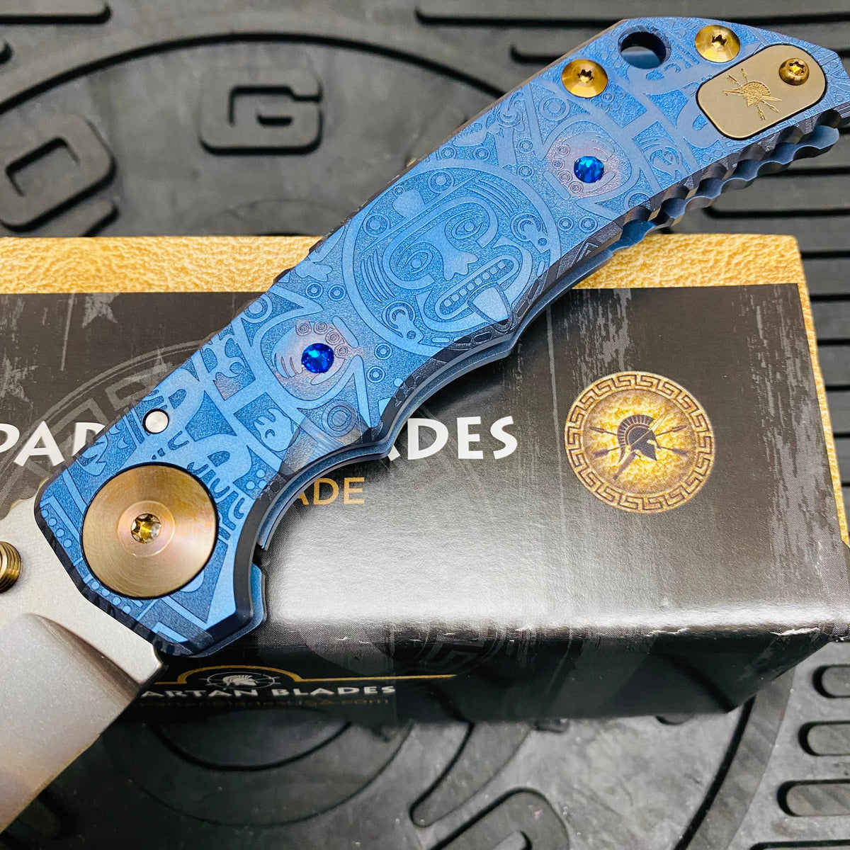 Spartan Blades Harsey Folder - BLUE Mayan with Blue Stones, Magnacut Blade, Bronze ANO Hardware Knife