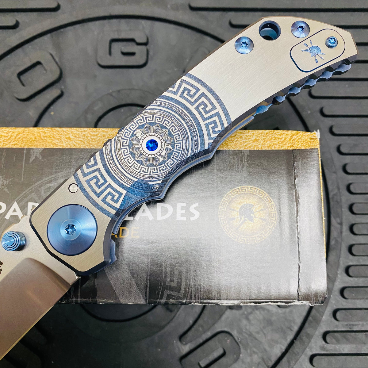 Spartan Blades Harsey Folder - BLUE Shield with Blue Stone, Magnacut Blade, Blue ANO Hardware Knife