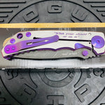 Spartan Blades Harsey Folder - PURPLE Shield with Purple Stone, Chad Nichols Damascus Blade, Purple ANO Hardware Knife