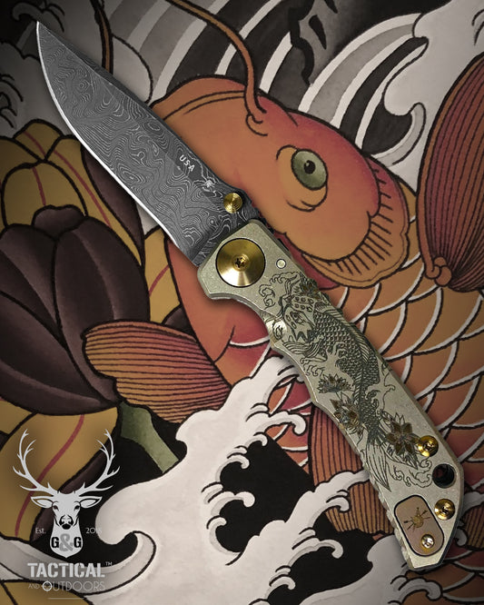 Spartan Blades SF5 KOI FISH Damascus SHF Koi Fish Harsey Folding Knife 3.95" Damascus Blade, Titanium Handles