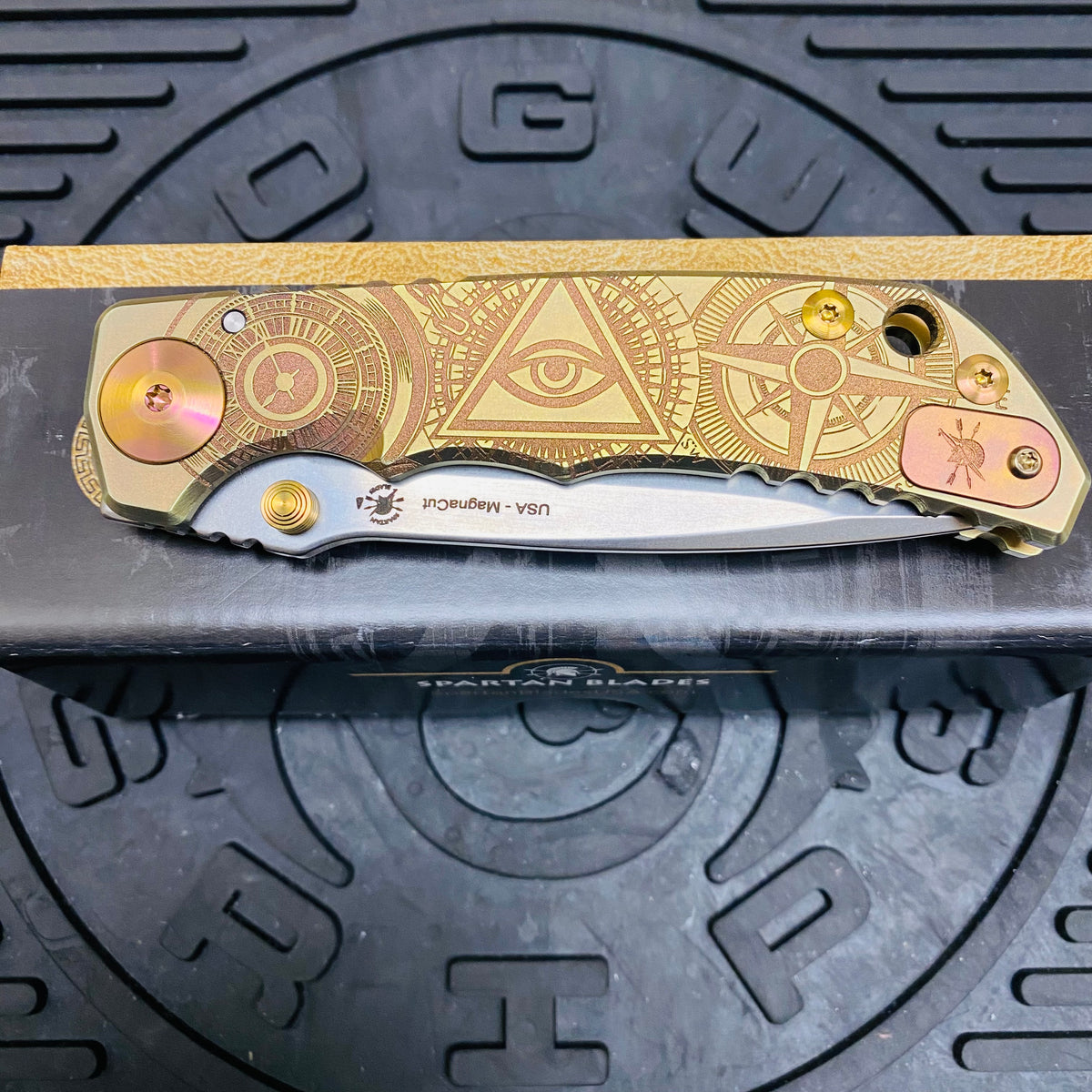 Spartan Blades Harsey Folder - Orange Oculus Theme, Satin Magnacut Blade, Satin Hardware Knife