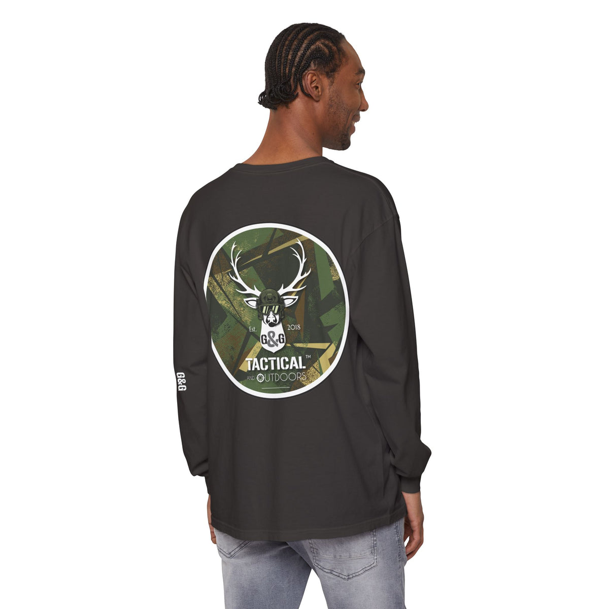 G&G Tactical Outdoors Long Sleeve Tee — Green Camoflauge White Sleeve Graphic