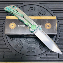 Load image into Gallery viewer, Spartan Blades Harsey Folder - GREEN Shield with Green Stone, Magnacut Blade, Green ANO Hardware Knife
