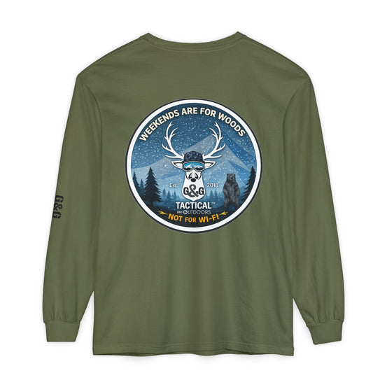 G&G Tactical Outdoors Long Sleeve Tee — Winter Camoflauge Light "Weekends Are for Woods Not Wifi"