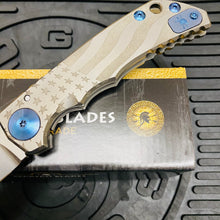 Load image into Gallery viewer, Spartan Blades Harsey Folder - Gray American Waving Flag Satin Magnacut Blade, Blue ANO Hardware Knife
