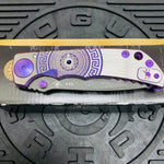 Spartan Blades Harsey Folder - PURPLE Shield with Purple Stone, Chad Nichols Damascus Blade, Purple ANO Hardware Knife