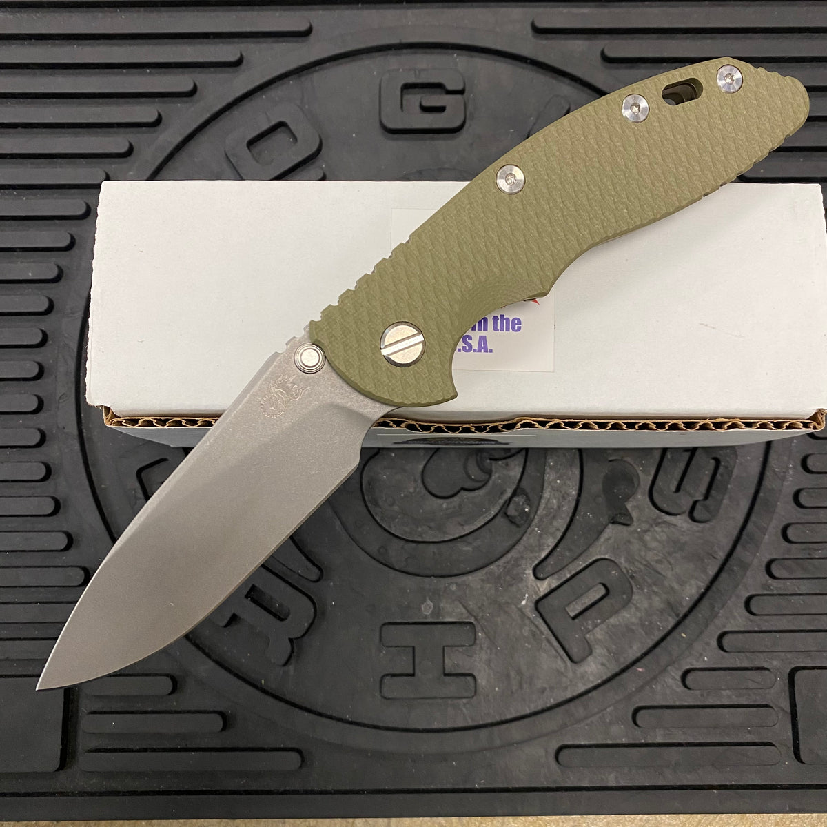Rick Hinderer XM-18 3.5" Slicer S45VN, Non-Flipper, Tri-Way, Battle Bronze, OD Green G10 Knife