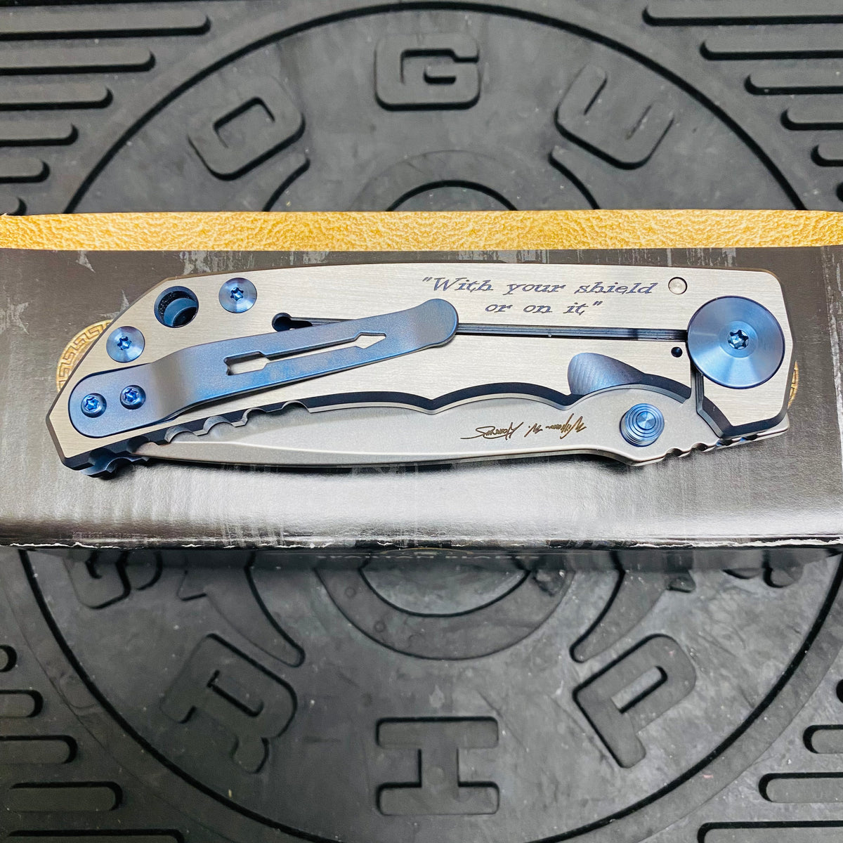 Spartan Blades Harsey Folder - BLUE Shield with Blue Stone, Magnacut Blade, Blue ANO Hardware Knife
