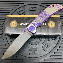 Load image into Gallery viewer, Spartan Blades Harsey Folder - PURPLE Shield with Purple Stone, Chad Nichols Damascus Blade, Purple ANO Hardware Knife
