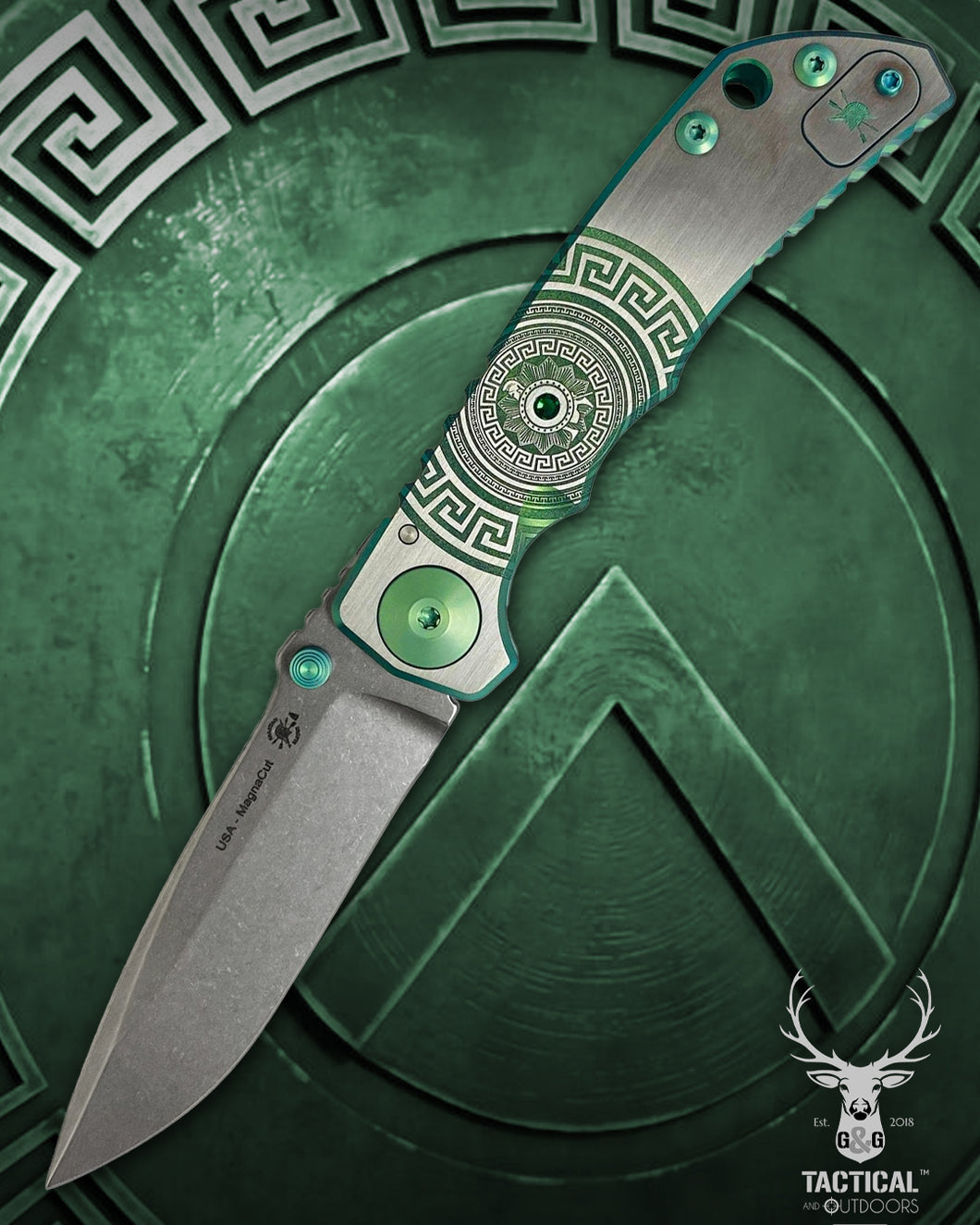 Spartan Blades Harsey Folder - GREEN Shield with Green Stone, Magnacut Blade, Green ANO Hardware Knife