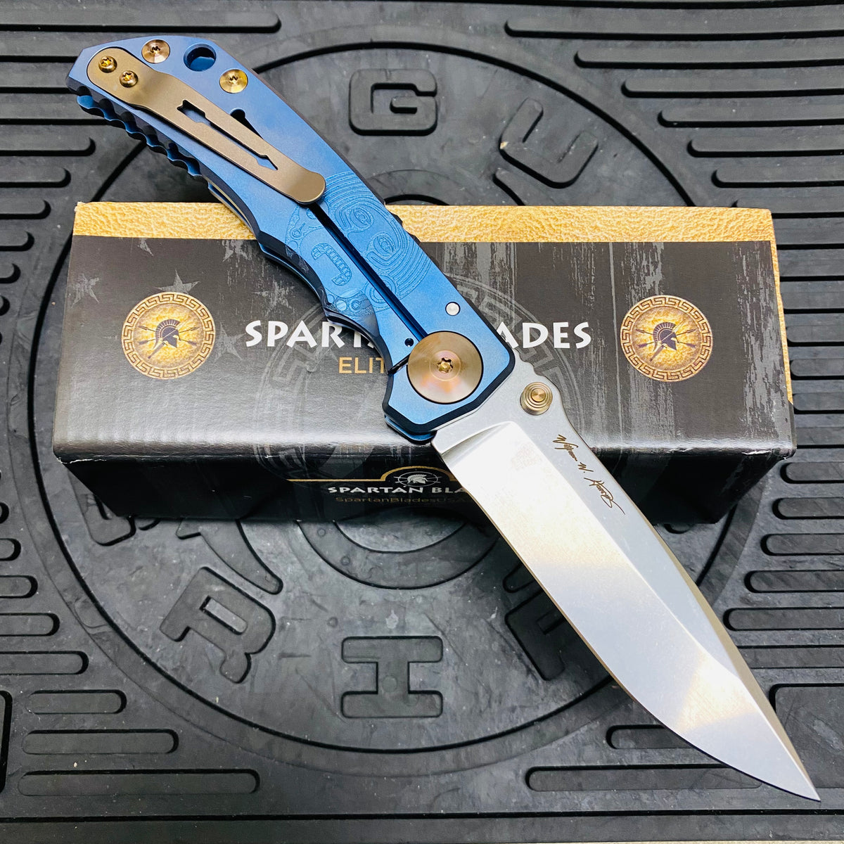Spartan Blades Harsey Folder - BLUE Mayan with Blue Stones, Magnacut Blade, Bronze ANO Hardware Knife