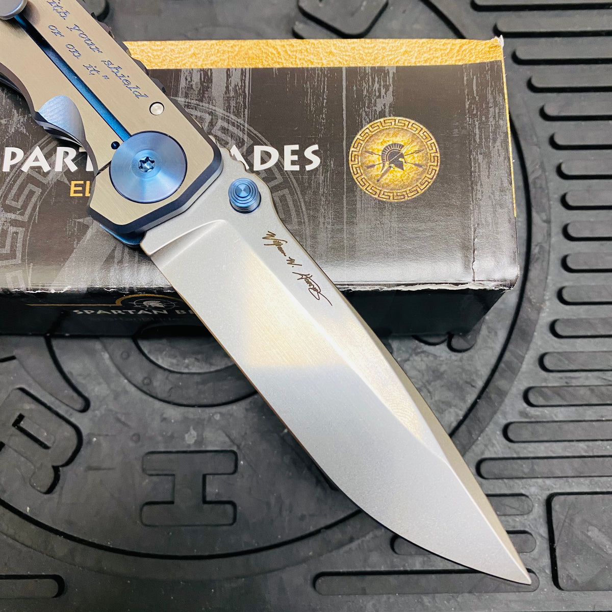 Spartan Blades Harsey Folder - BLUE Shield with Blue Stone, Magnacut Blade, Blue ANO Hardware Knife