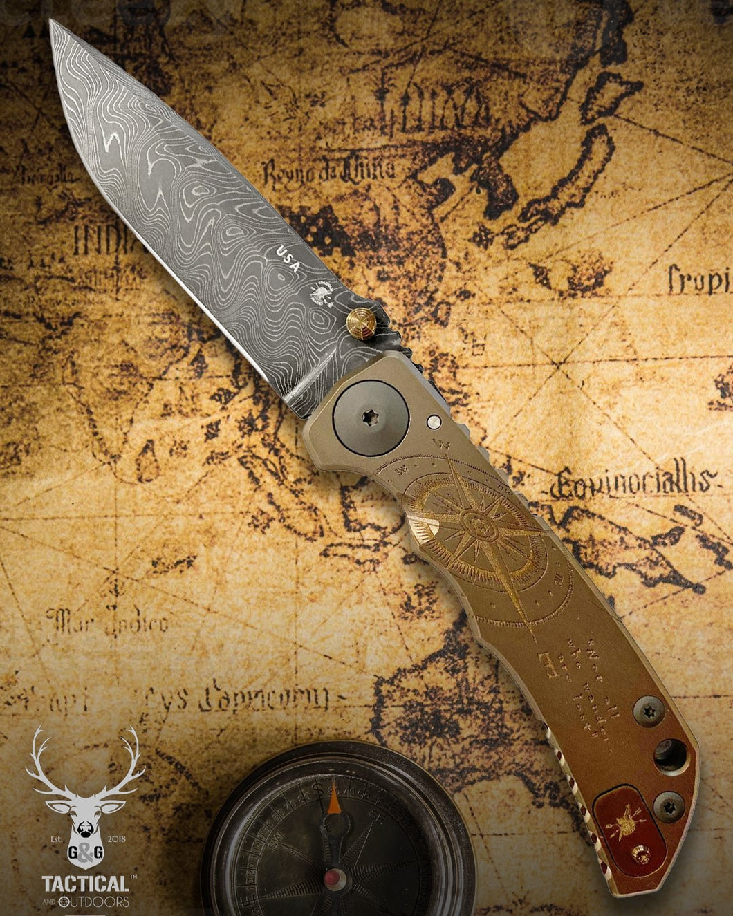 Spartan Blades Harsey Folder - Bronze Compass Theme, Chad Nichols Damascus Blade, PVD ANO Hardware Knife