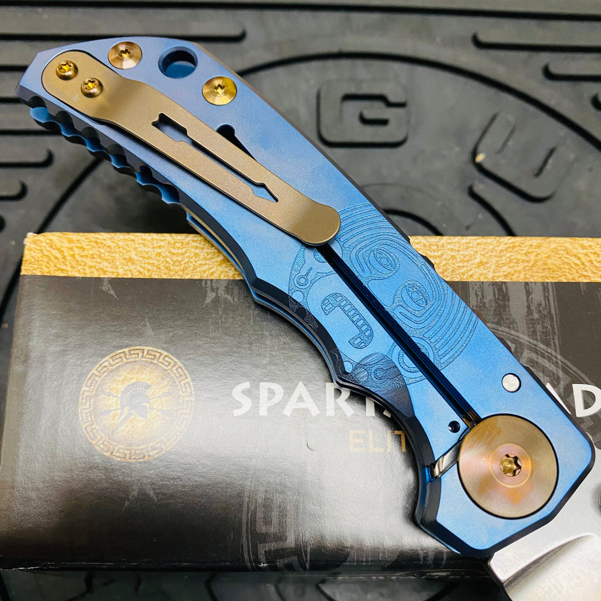Spartan Blades Harsey Folder - BLUE Mayan with Blue Stones, Magnacut Blade, Bronze ANO Hardware Knife