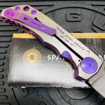 Spartan Blades Harsey Folder - PURPLE Shield with Purple Stone, Chad Nichols Damascus Blade, Purple ANO Hardware Knife