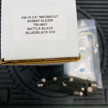 Load image into Gallery viewer, Rick Hinderer XM-18 3.5&quot; Magnacut SKINNY SLICER, Tri-Way, Battle Black, Stonewash Blue Hardware, Blue/Black G10 Folding Knife
