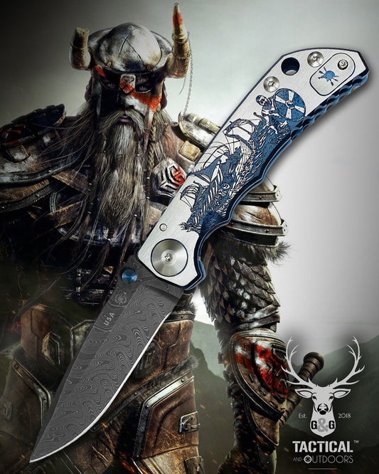 Spartan Blades SF5 VIKING Damascus SHF Viking Longboat Harsey Folding Knife 3.95" Damascus Blade, Titanium Handles