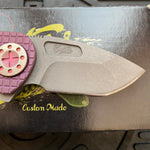 Curtiss Custom Knives F3 Compact Frame Lock, 2.5" Spanto Magnacut Blasted Blade FLIPPER, Frag-Mill Pink Pattern Handles, Knife