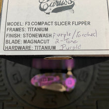 Load image into Gallery viewer, Curtiss Custom Knives F3 Compact Frame Lock, 2.5&quot; Slicer Magnacut Blade FLIPPER, Purple Torched Handles, Knife
