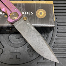 Load image into Gallery viewer, Spartan Blades Harsey Folder - Plague Doctor PINK with Chad Nichols Damascus Blade Knife
