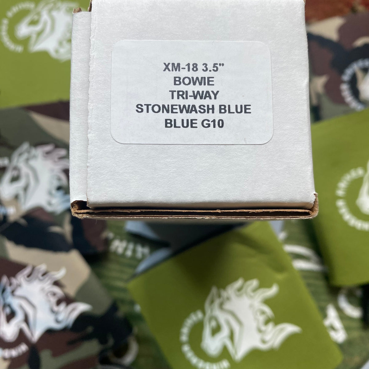 Rick Hinderer XM-18 3.5" CPM-20CV Bowie Tri-way Stonewash Blue Blue G10 Knife