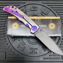 Load image into Gallery viewer, Spartan Blades Harsey Folder - PURPLE Shield with Purple Stone, Chad Nichols Damascus Blade, Purple ANO Hardware Knife
