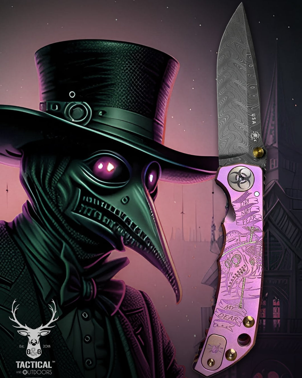 Spartan Blades Harsey Folder - Plague Doctor PINK with Chad Nichols Damascus Blade Knife