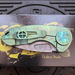 Curtiss Custom Knives F3 Compact Frame Lock, 2.5" Spanto Magnacut Blasted Blade FLIPPER, Green Pattern Handles, Knife
