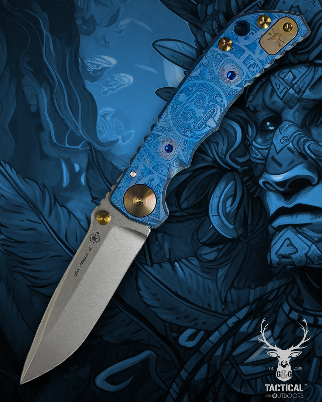 Spartan Blades Harsey Folder - BLUE Mayan with Blue Stones, Magnacut Blade, Bronze ANO Hardware Knife