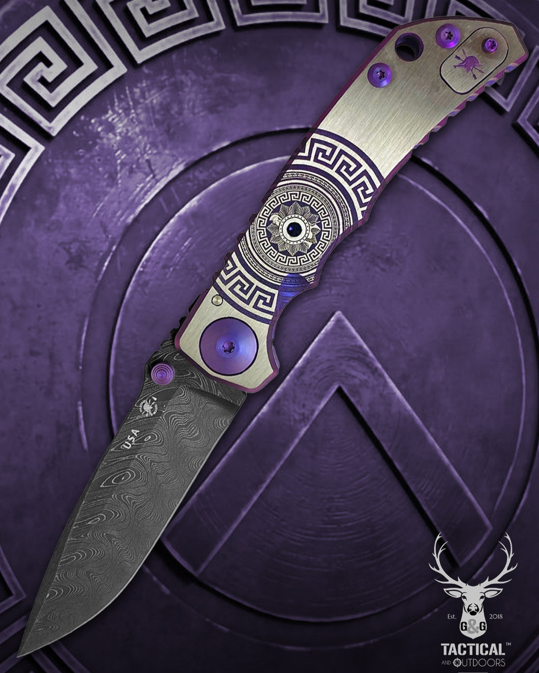 Spartan Blades Harsey Folder - PURPLE Shield with Purple Stone, Chad Nichols Damascus Blade, Purple ANO Hardware Knife