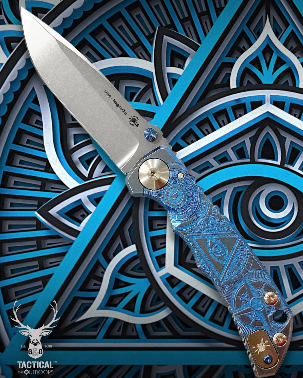 Spartan Blades Harsey Folder - Blue Oculus Theme, Satin Magnacut Blade, Satin Hardware Knife