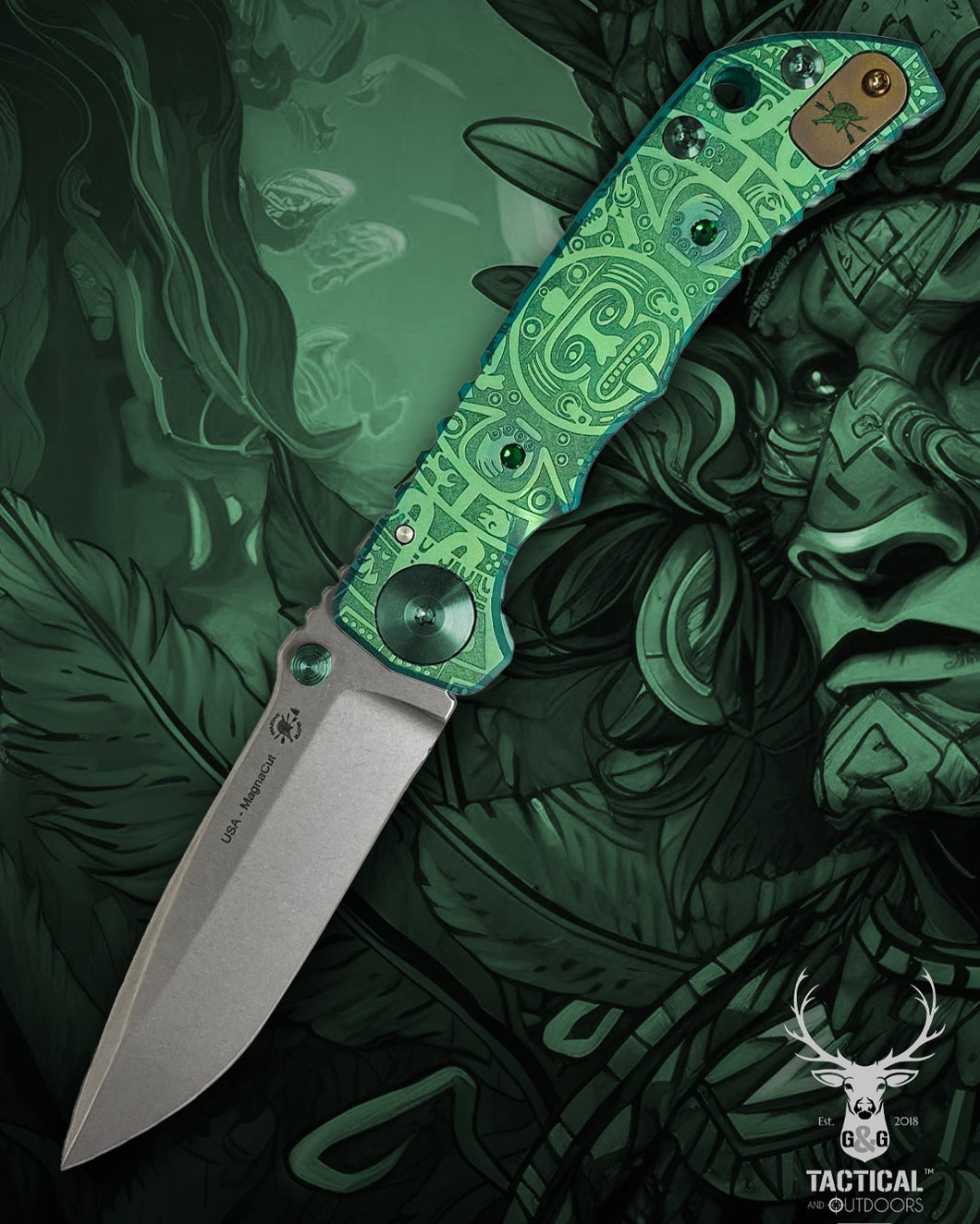Spartan Blades Harsey Folder - GREEN Mayan with Green Stones, Magnacut Blade, Bronze ANO Hardware Knife
