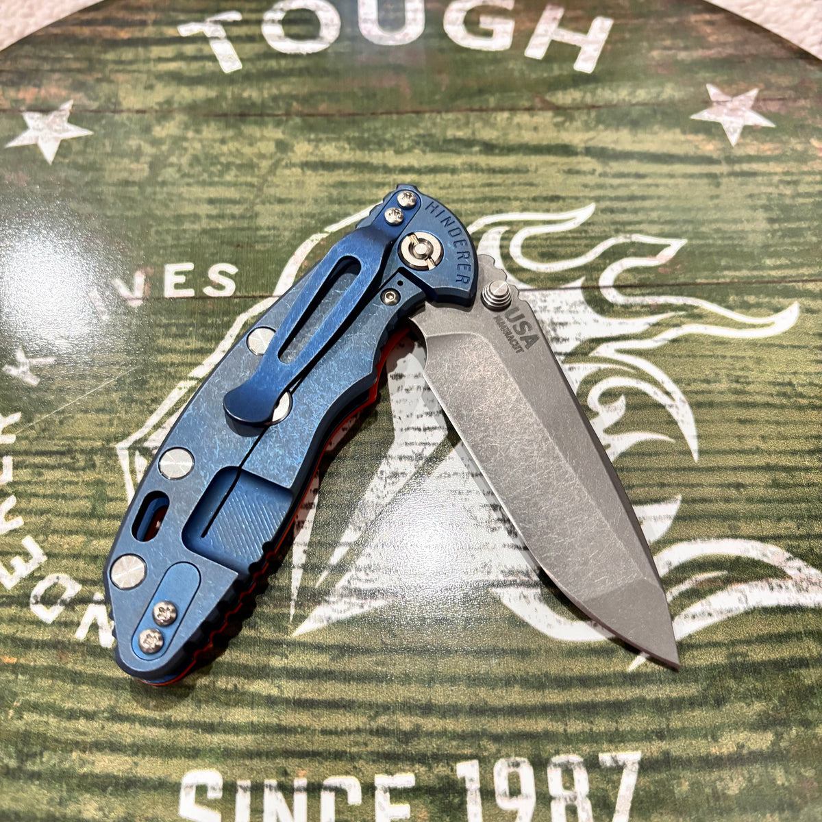 Rick Hinderer XM-18 3.25" Spanto, Magnacut Blade, Orange G10, Battle Blue Knife