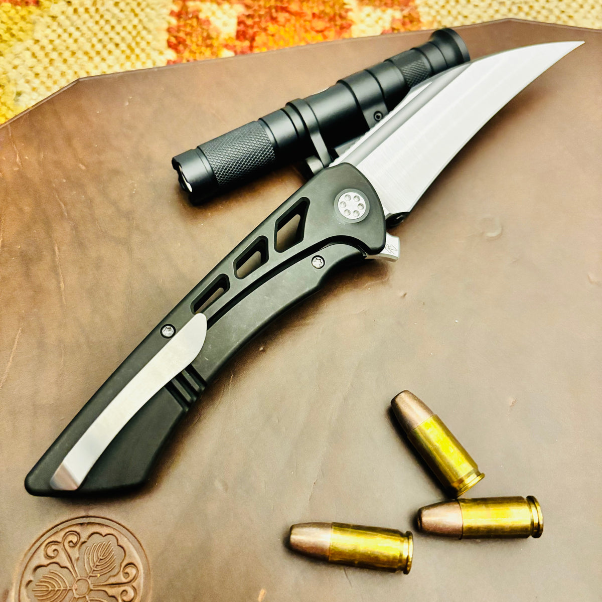 Sharp by Design Derecho 3.38" Satin Hawkbill Satin Blade, PVD Aspirated Handle Knife