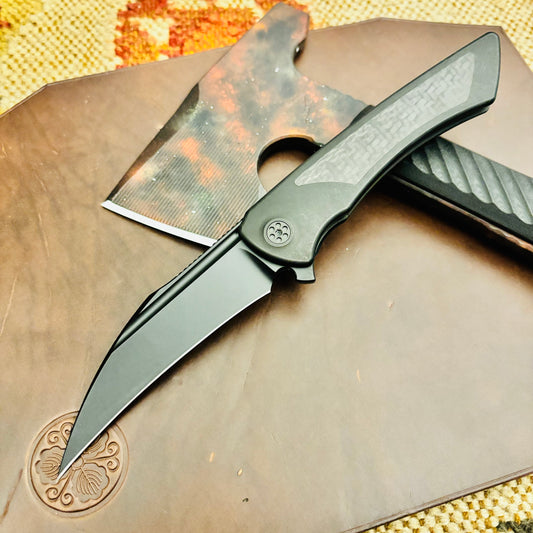 Sharp by Design Derecho BLACKED OUT 3.38" PVD Hawkbill Blade, PVD Handles with Carbon Fiber Inlay Knife