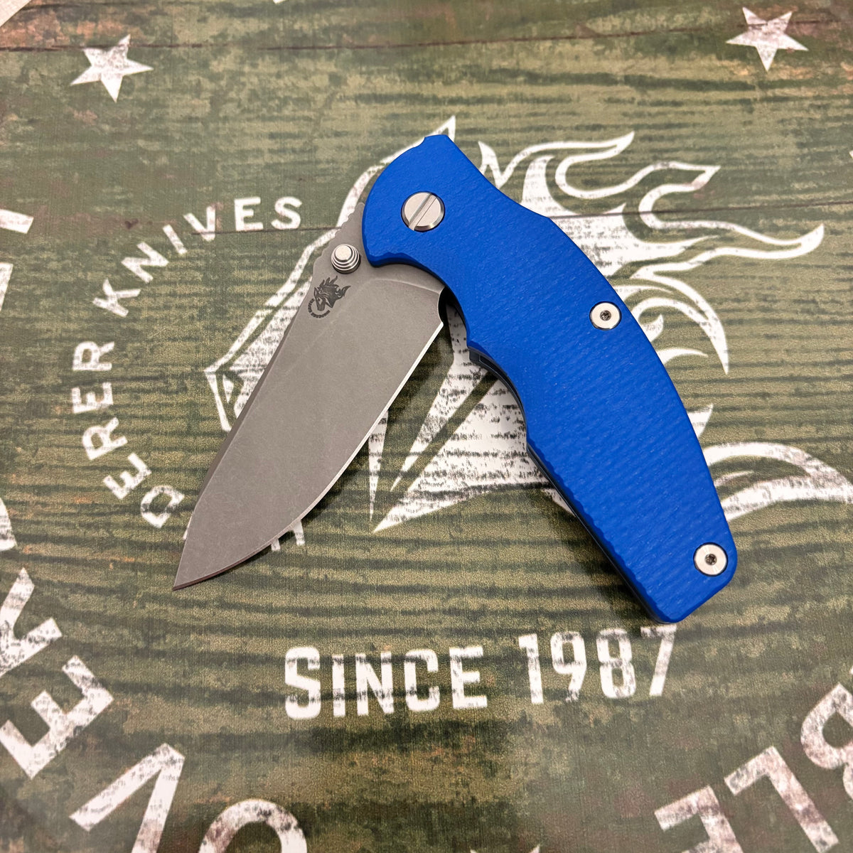 RIck Hinderer Jurassic Magnacut Slicer, Hollow Grind Tri-Way Battle Blue with Blue G10 Knife