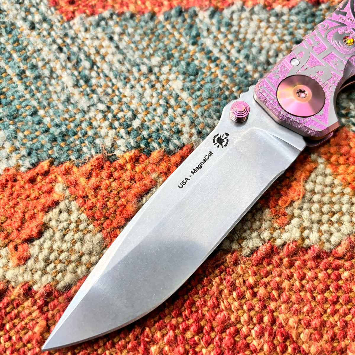 Spartan Blades Harsey Folder - PINK Mayan with Blue Stones, Magnacut Blade, Pink ANO Hardware Knife