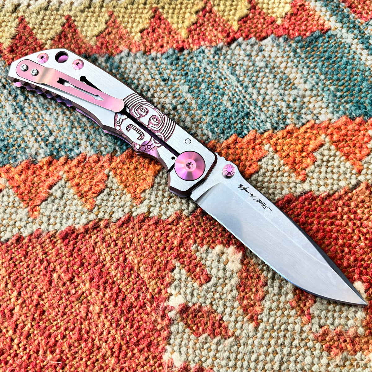 Spartan Blades Harsey Folder - PINK Mayan with Blue Stones, Magnacut Blade, Pink ANO Hardware Knife