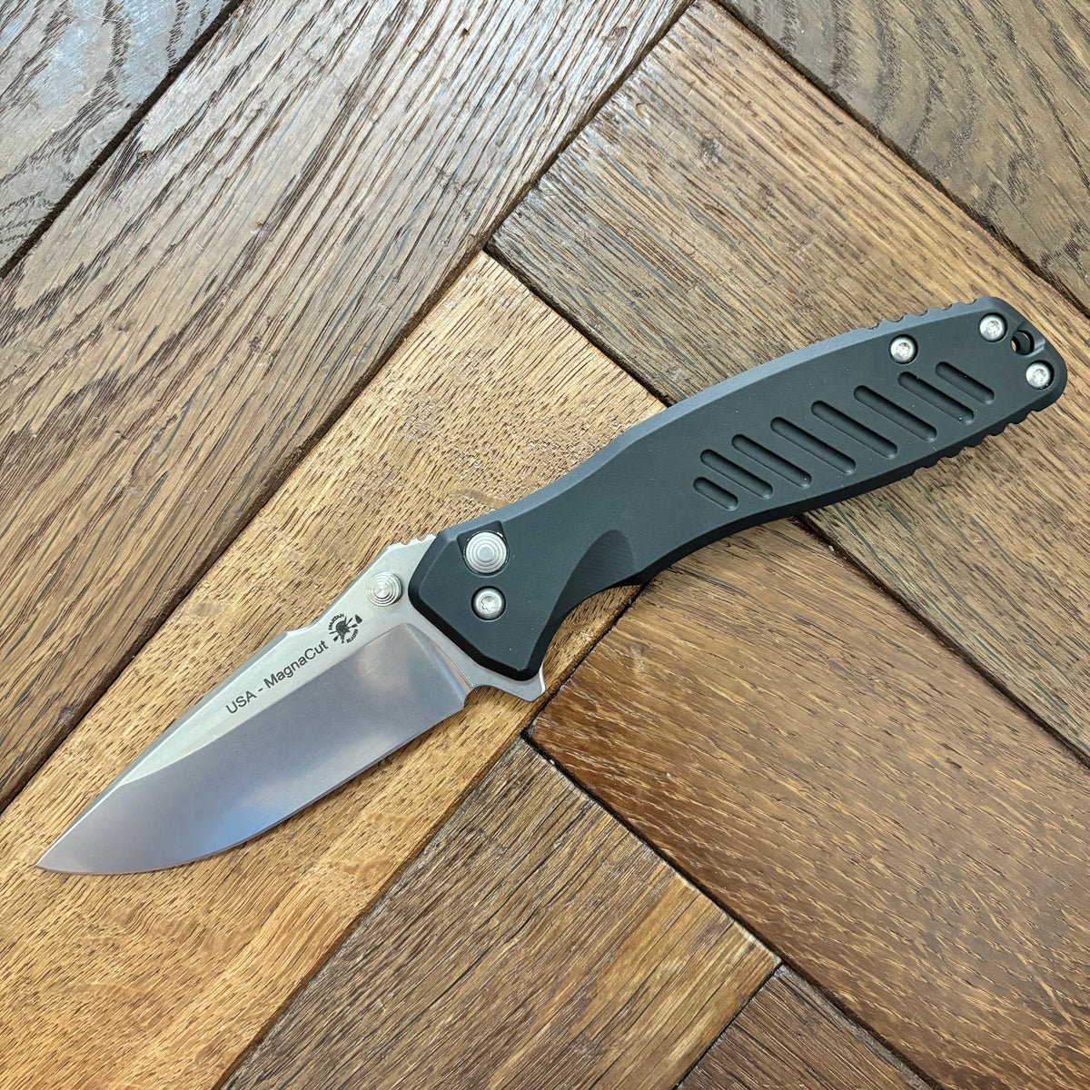 Spartan Blades SF3SW PALLAS Flipper 3.75" Magnacut Stonewashed Plain Blade, Black Aluminum Handles